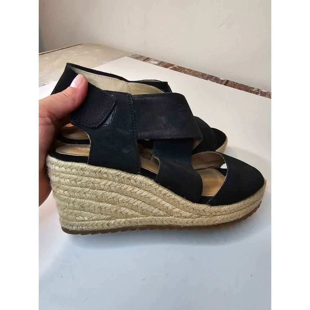 Soul Naturalizer Oshay Black Leather Espadrille Wedge Sandals Womens 7M